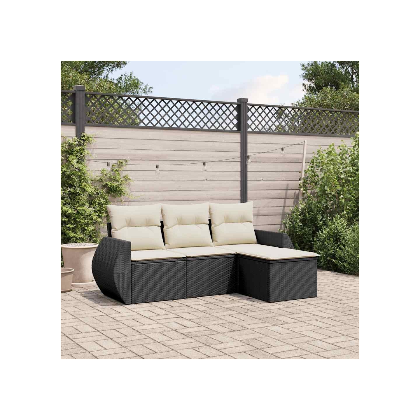 Salon de jardin 4 pcs avec coussins noir résine tressée