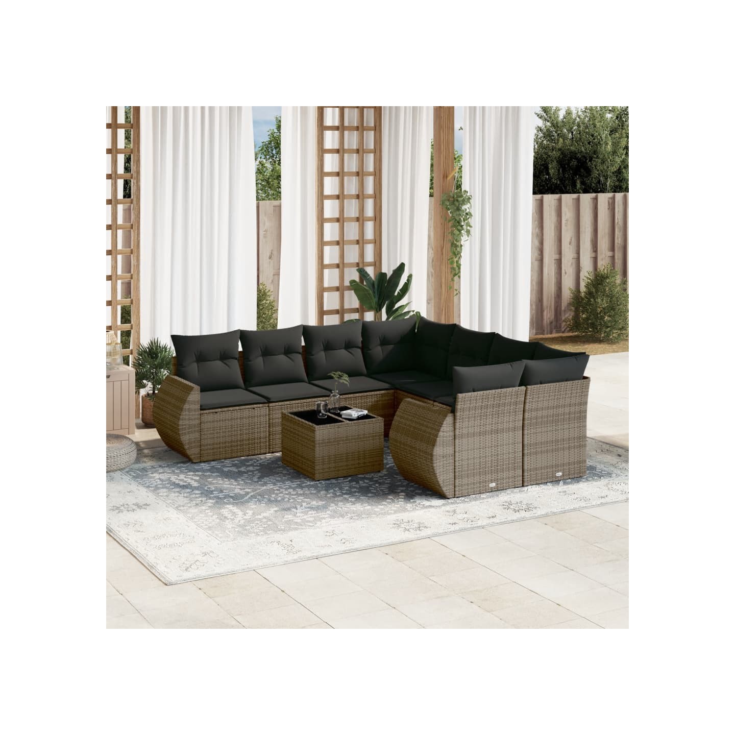 Salon de jardin 9 pcs avec coussins gris résine tressée