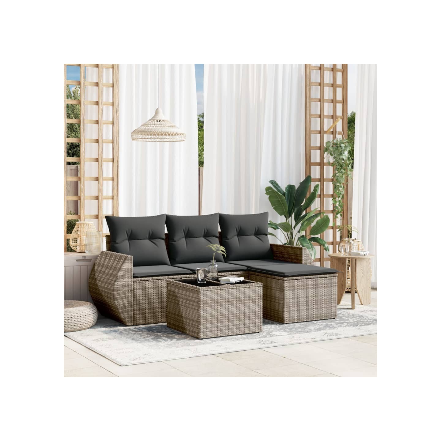 Salon de jardin 5 pcs avec coussins gris résine tressée