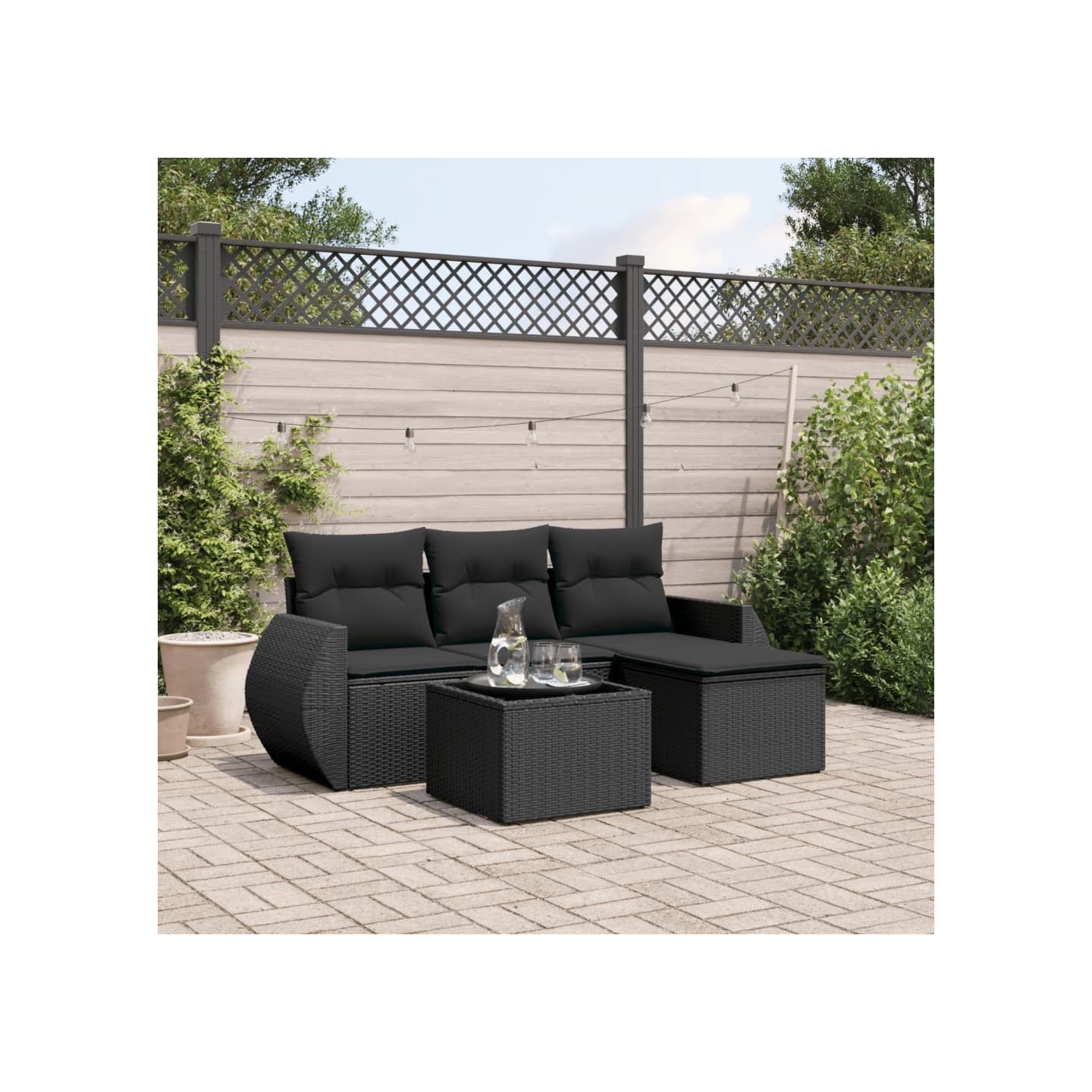 Salon de jardin 5 pcs avec coussins noir résine tressée