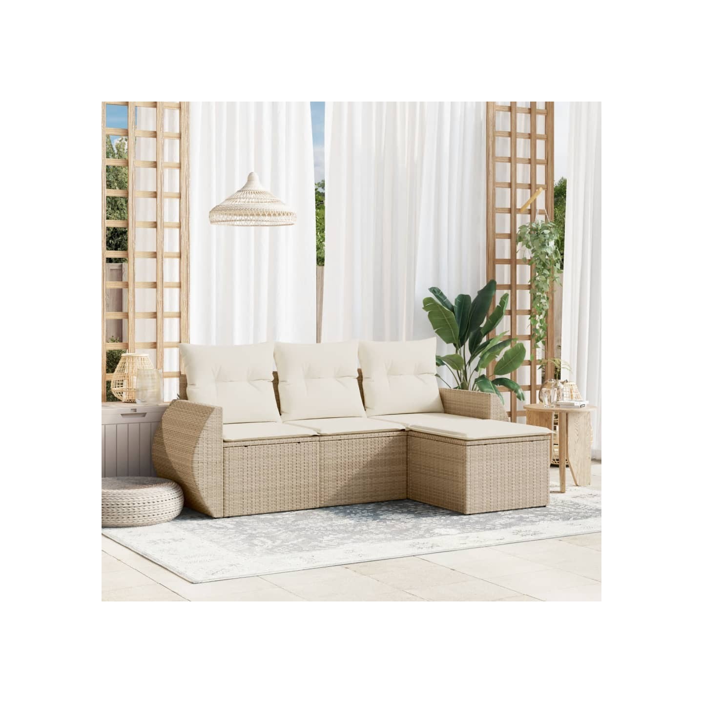 Salon de jardin avec coussins 4 pcs beige résine tressée