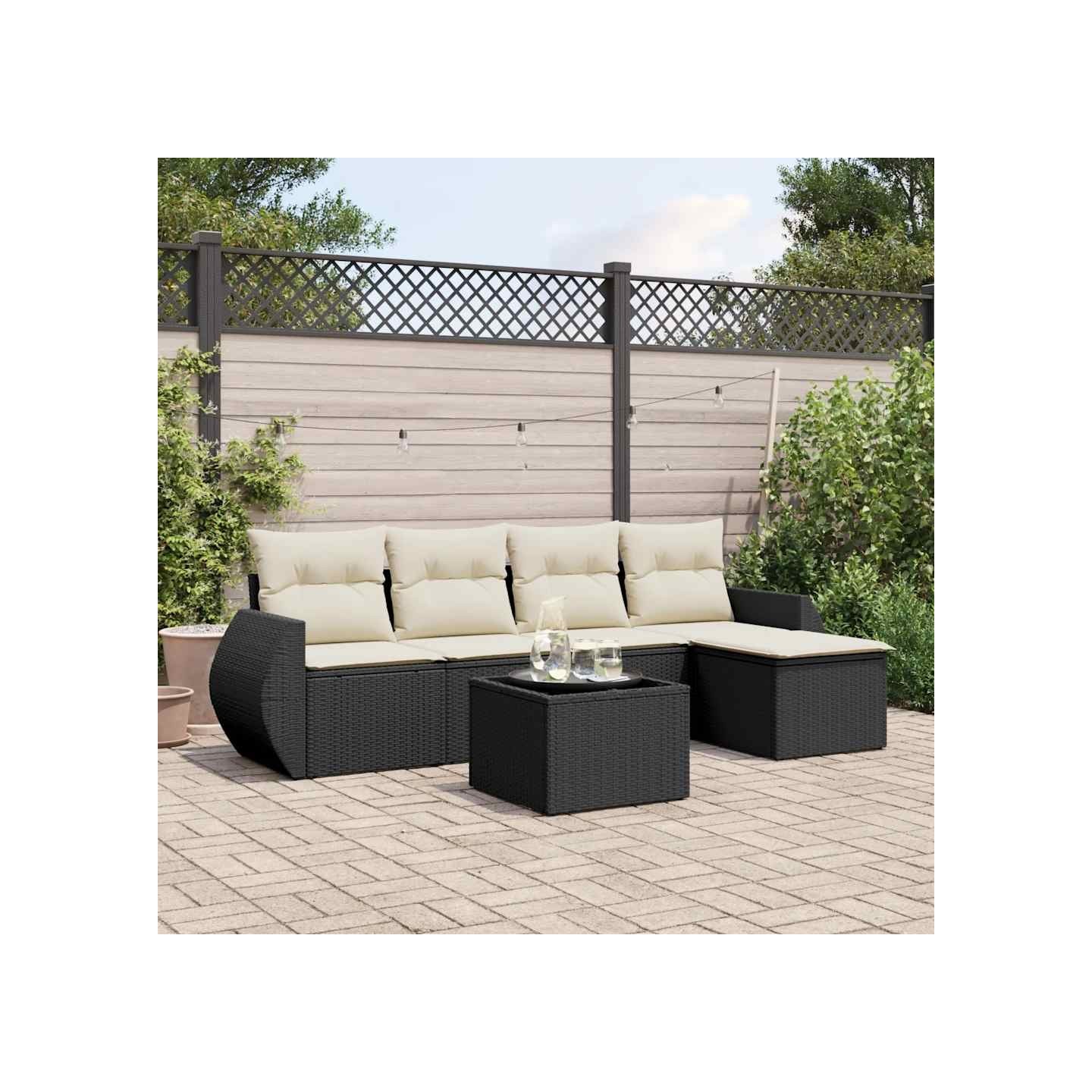 Salon de jardin 6 pcs avec coussins noir résine tressée