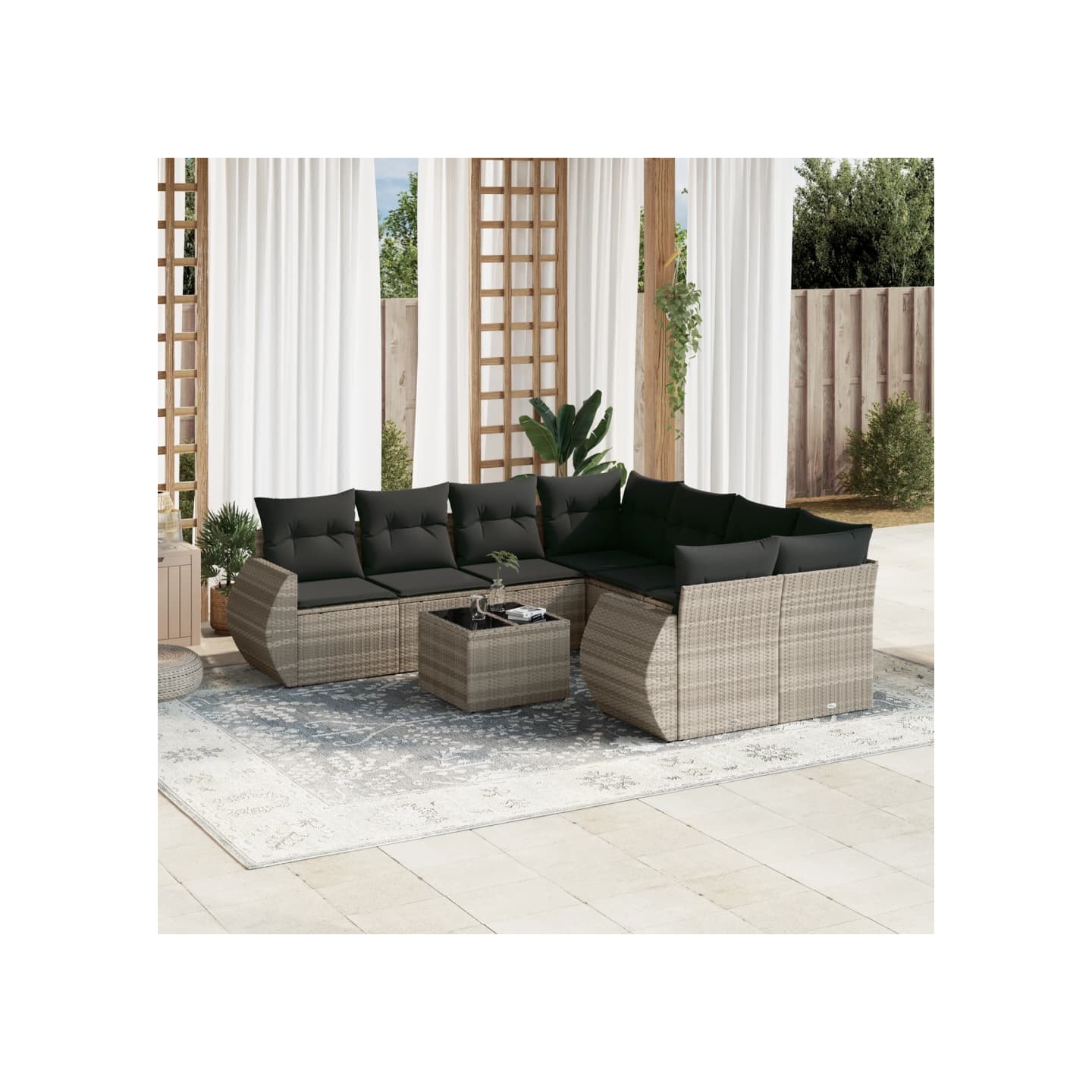 Salon de jardin 9 pcs avec coussins gris clair résine tressée