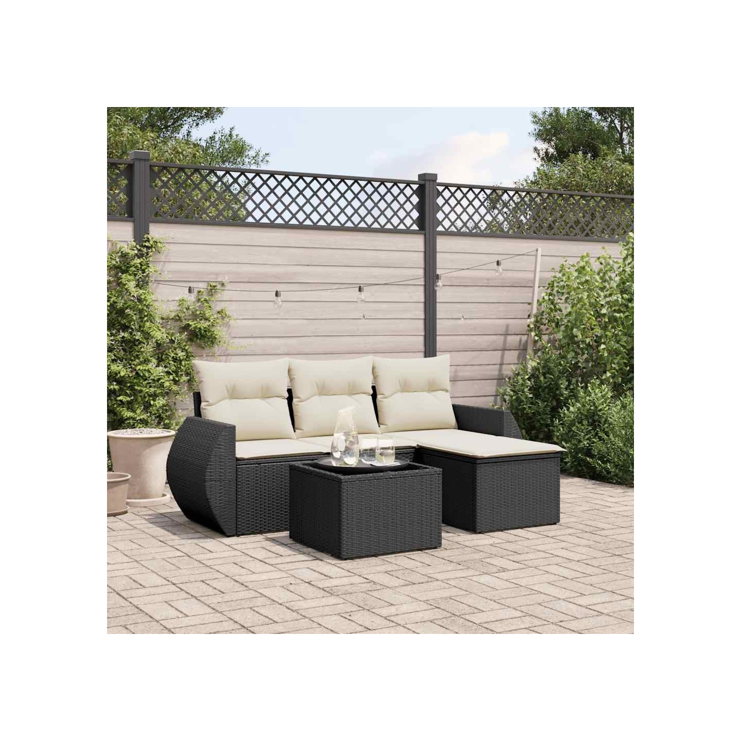 Salon de jardin 5 pcs avec coussins noir résine tressée