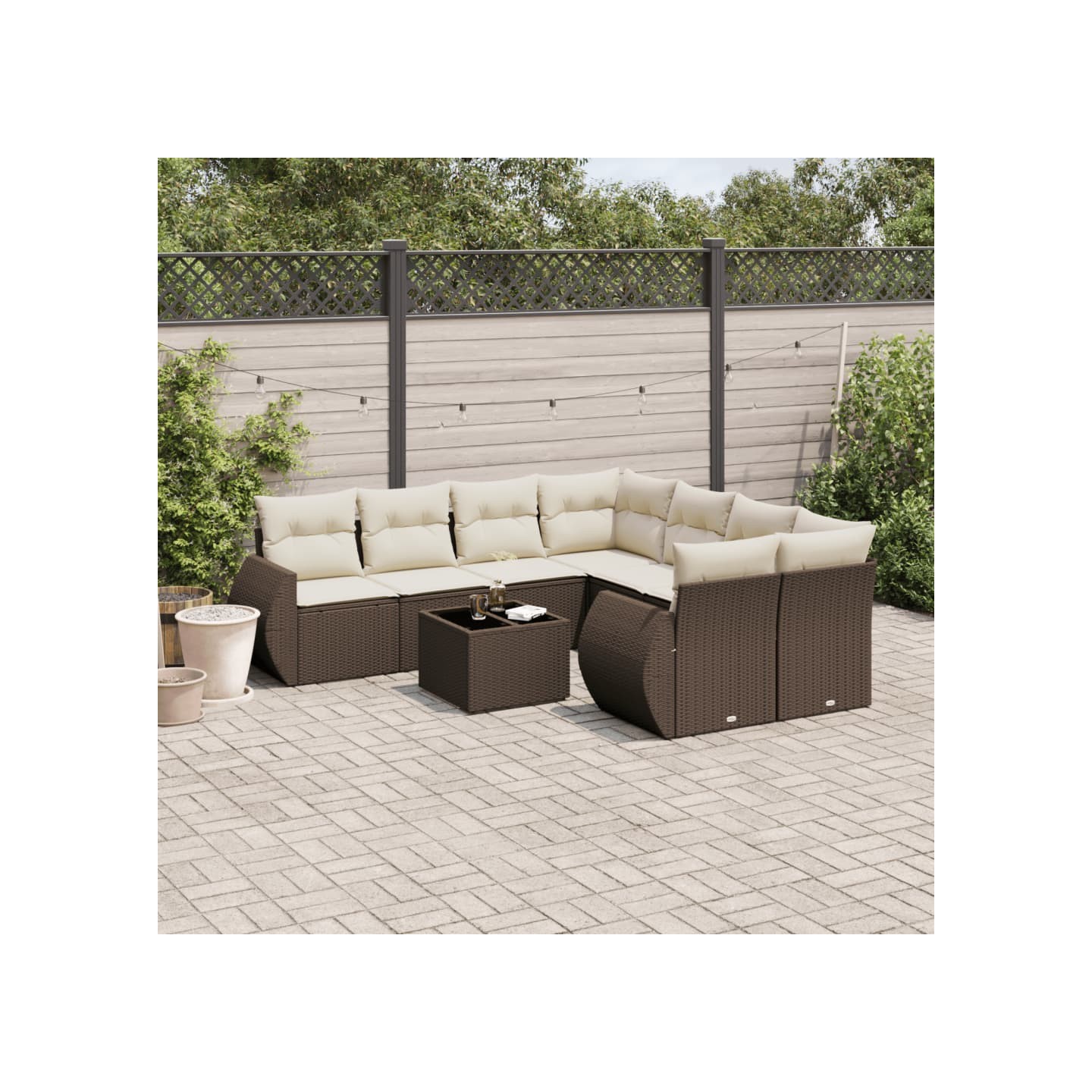 Salon de jardin avec coussins 9 pcs marron résine tressée