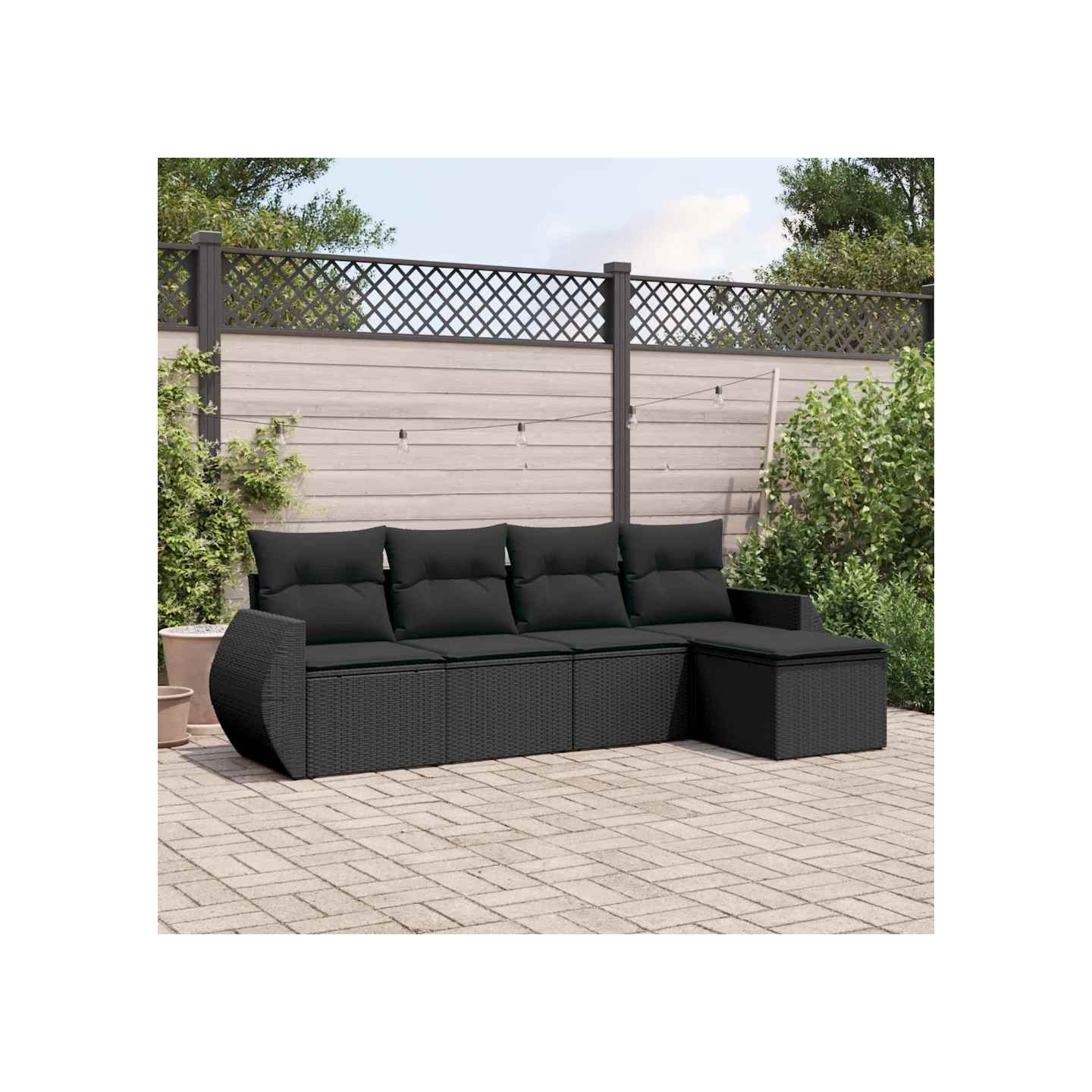 Salon de jardin 5 pcs avec coussins noir résine tressée