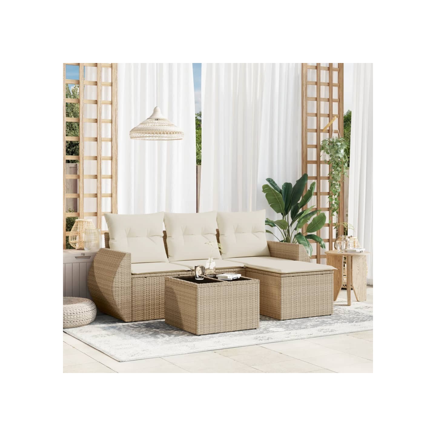 Salon de jardin avec coussins 5 pcs beige résine tressée