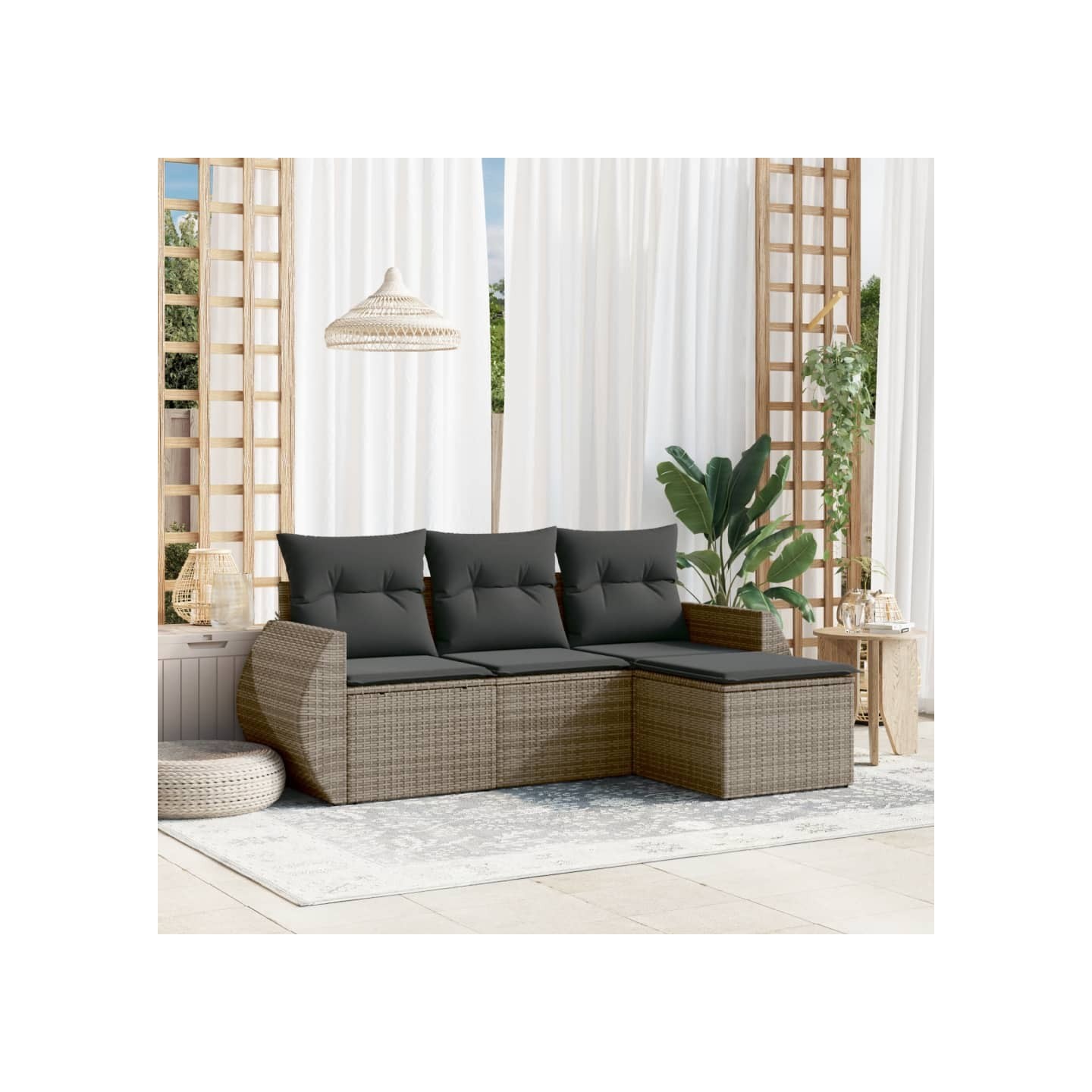 Salon de jardin 4 pcs avec coussins gris résine tressée