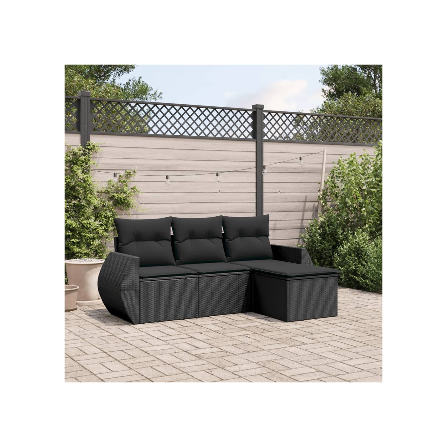 Salon de jardin 4 pcs avec coussins noir résine tressée