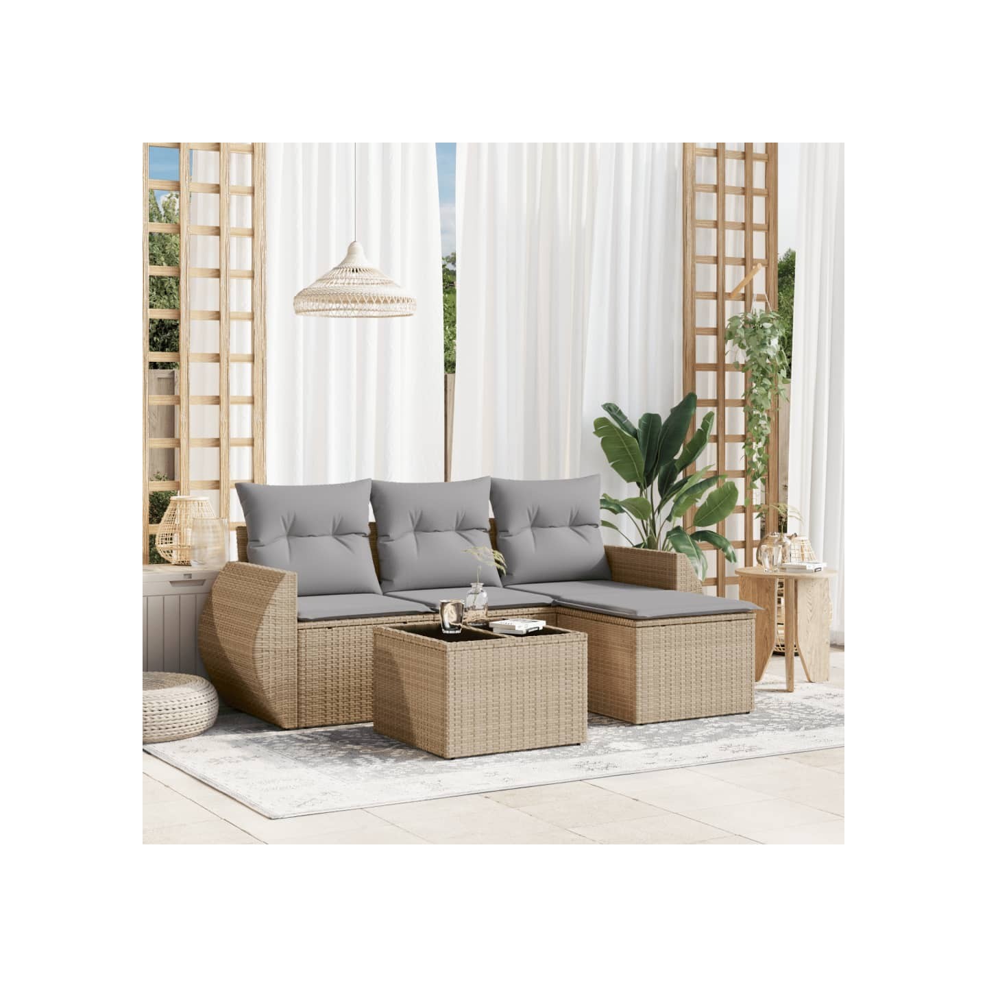 Salon de jardin avec coussins 5 pcs beige résine tressée