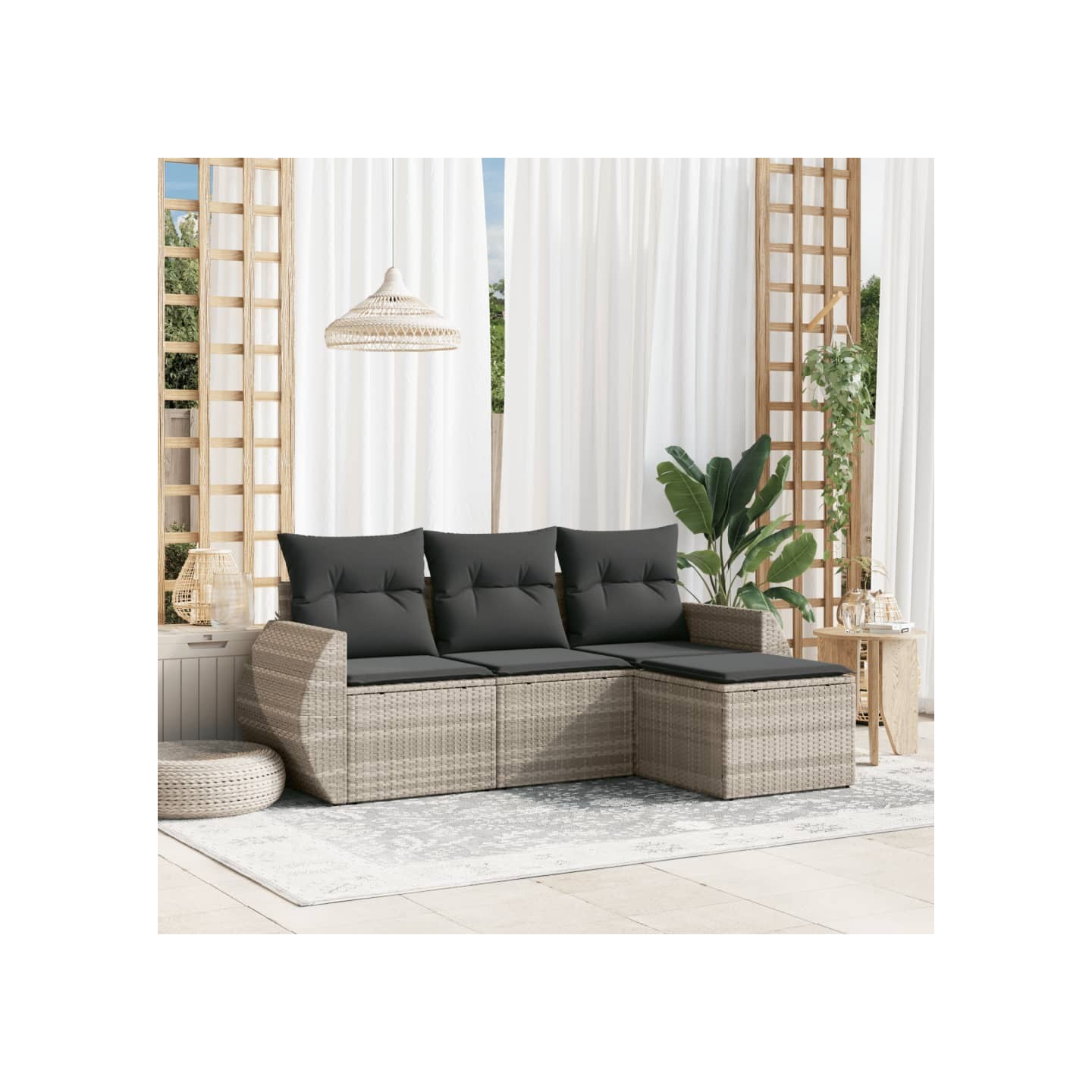Salon de jardin 4 pcs avec coussins gris clair résine tressée