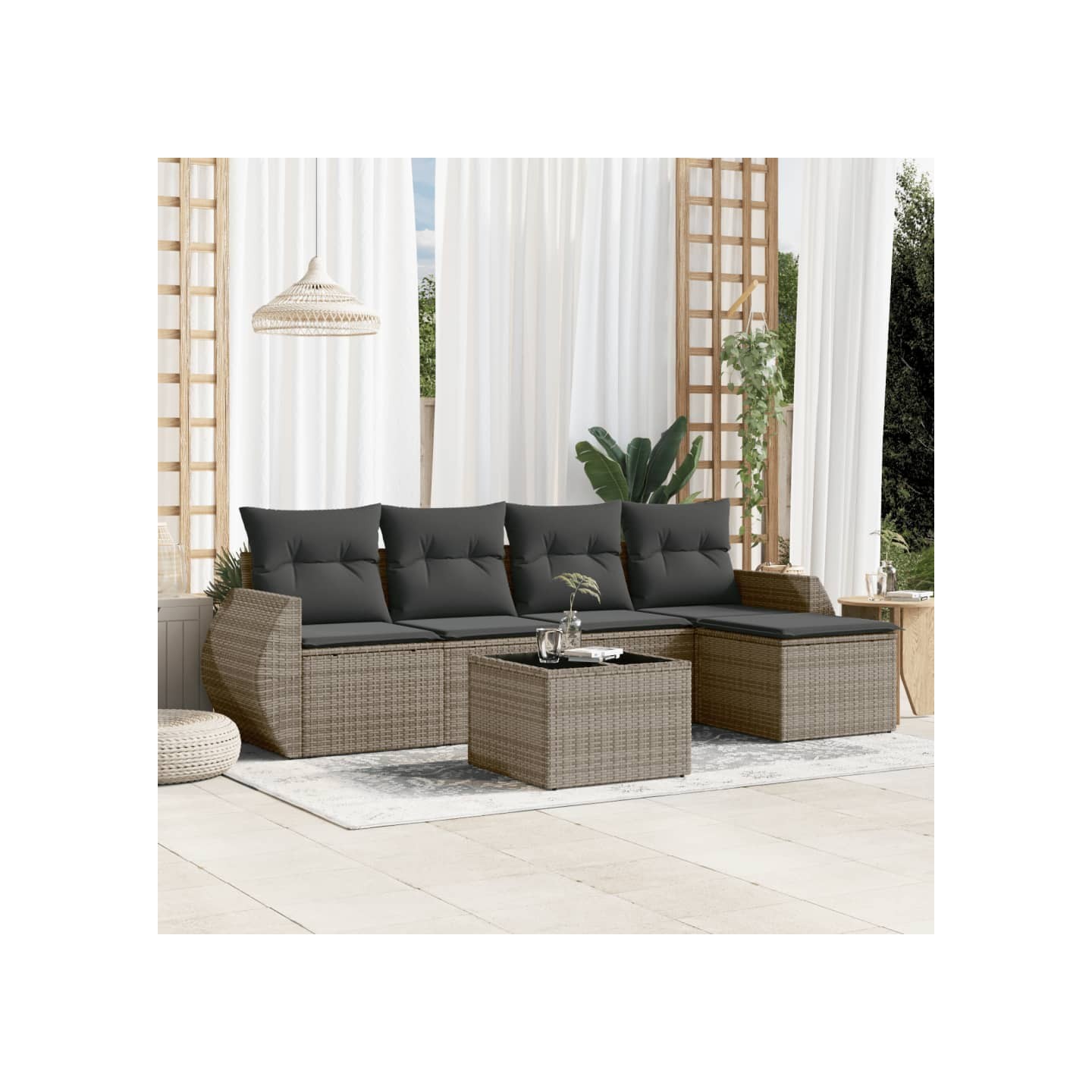 Salon de jardin 6 pcs avec coussins gris résine tressée