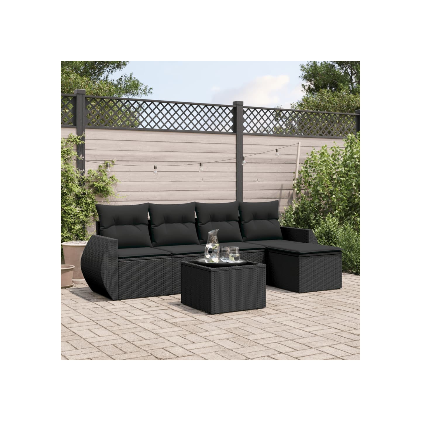 Salon de jardin 6 pcs avec coussins noir résine tressée