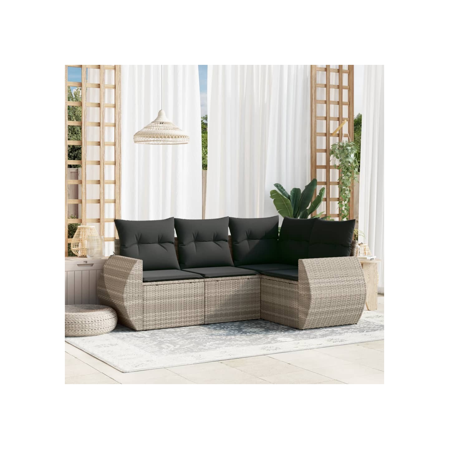 Salon de jardin 4 pcs avec coussins gris clair résine tressée