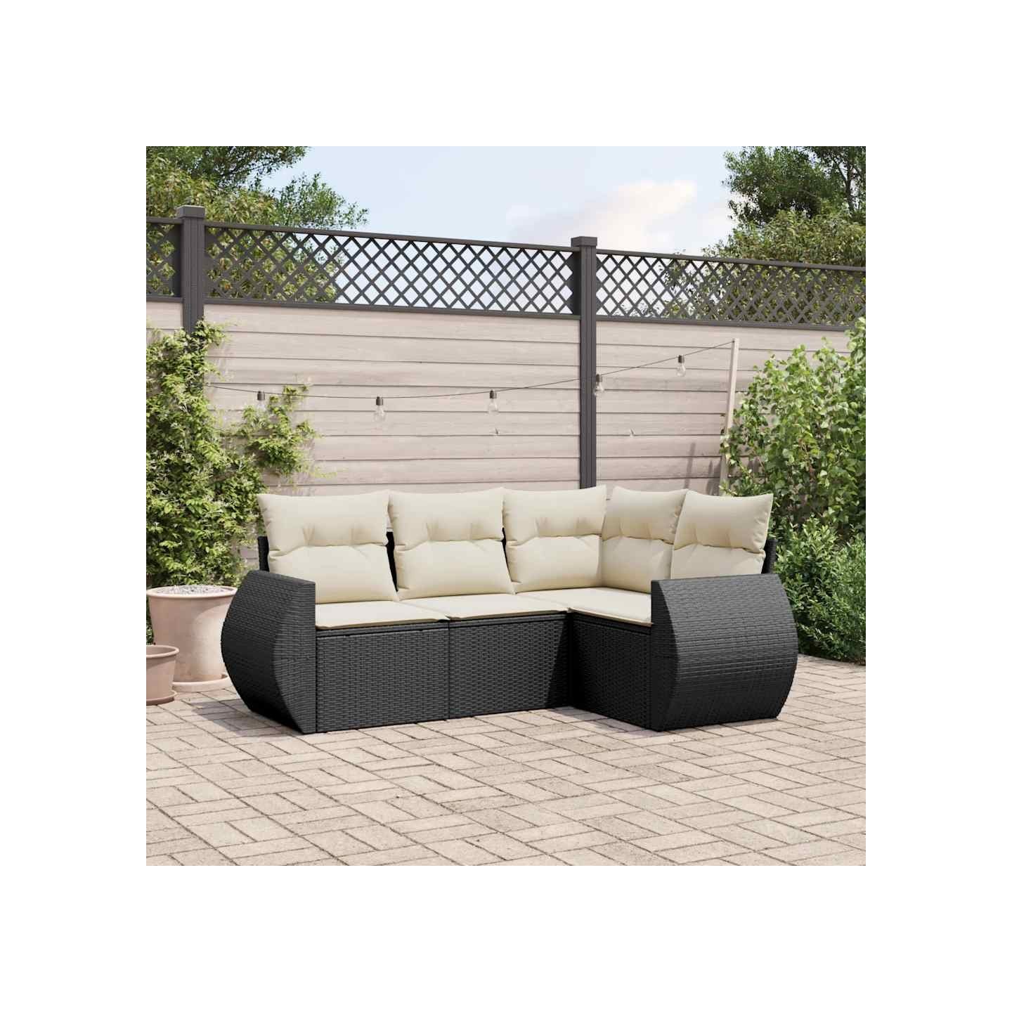 Salon de jardin 4 pcs avec coussins noir résine tressée