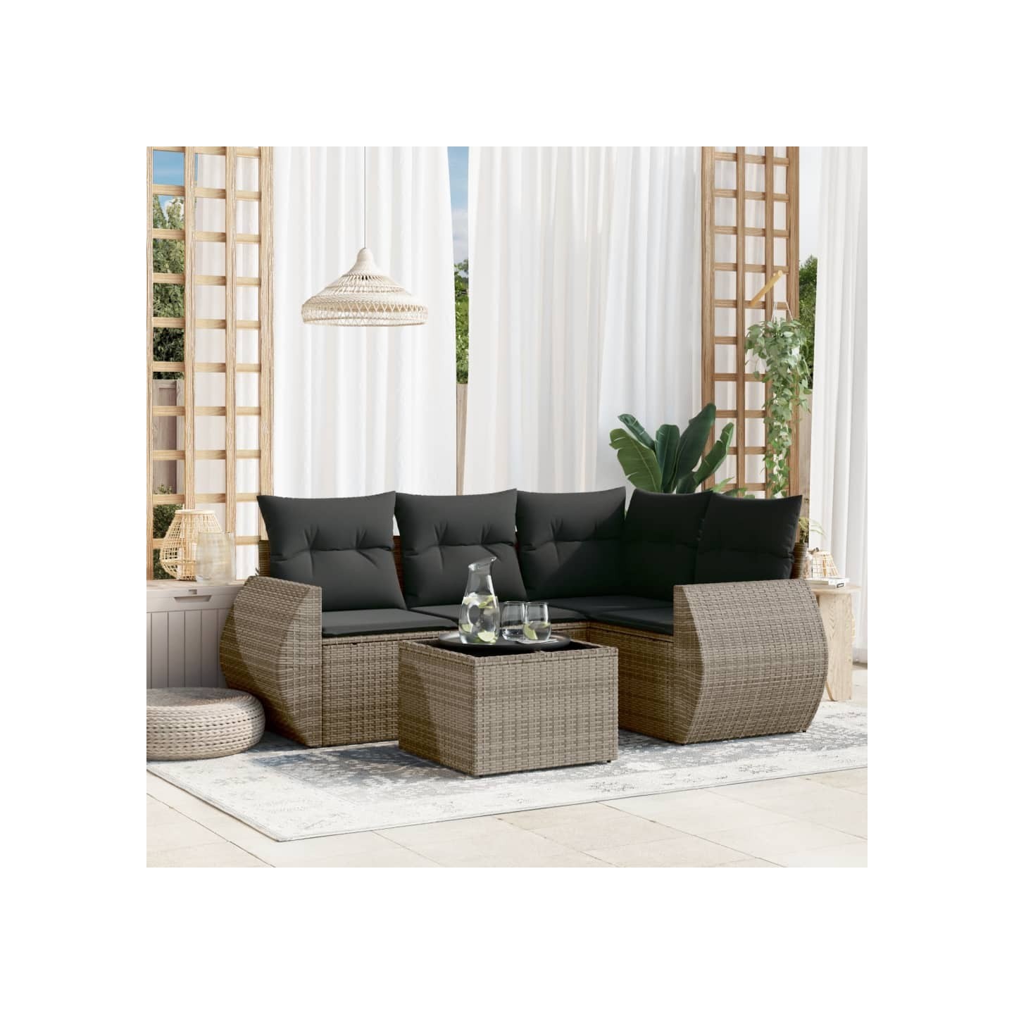 Salon de jardin 5 pcs avec coussins gris résine tressée