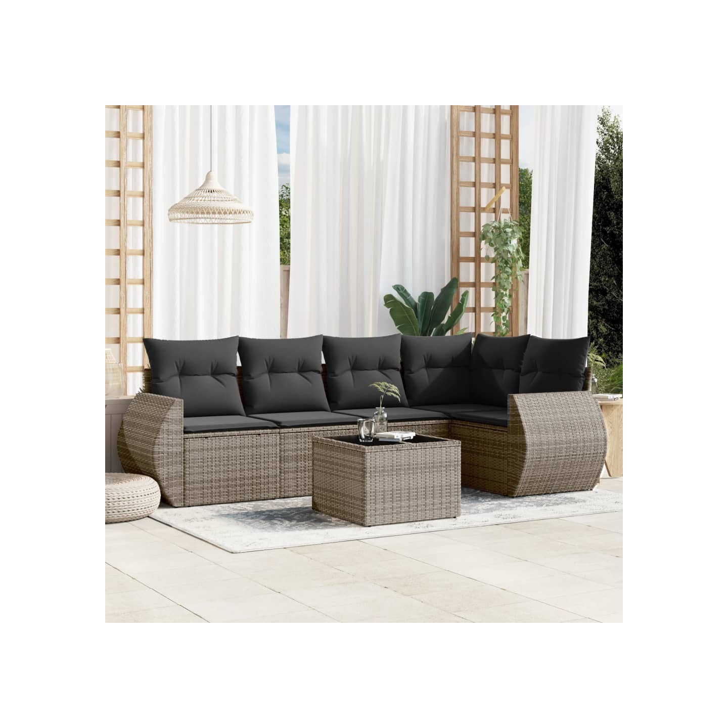 Salon de jardin 6 pcs avec coussins gris résine tressée
