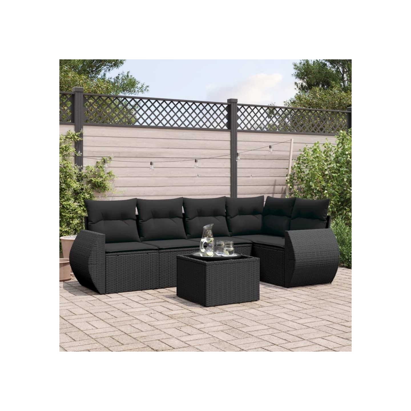 Salon de jardin 6 pcs avec coussins noir résine tressée