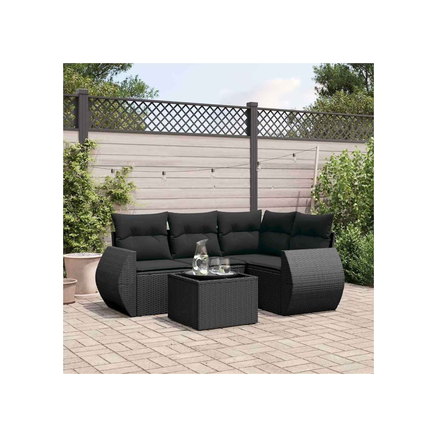 Salon de jardin 5 pcs avec coussins noir résine tressée