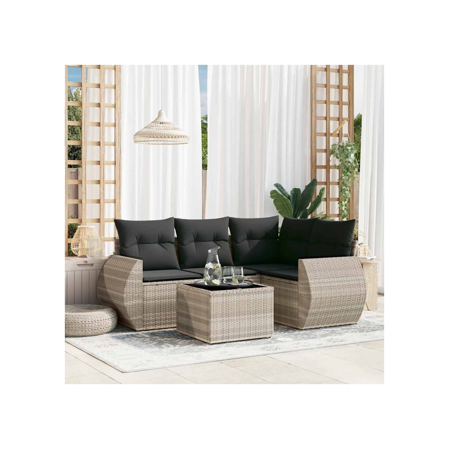Salon de jardin 5 pcs avec coussins gris clair résine tressée