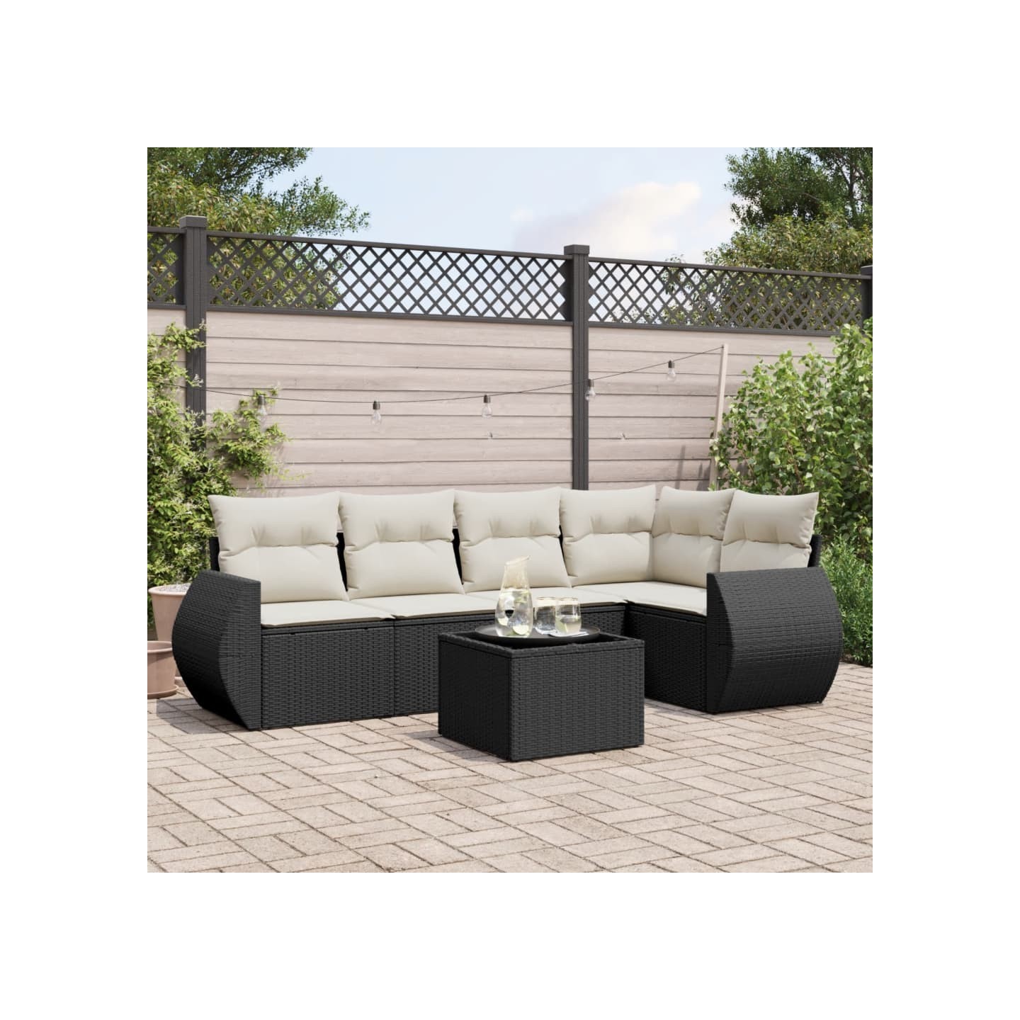Salon de jardin 6 pcs avec coussins noir résine tressée