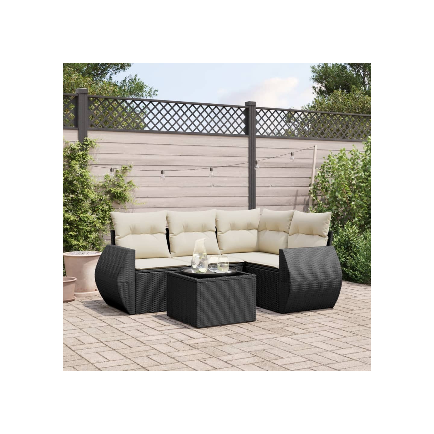 Salon de jardin 5 pcs avec coussins noir résine tressée