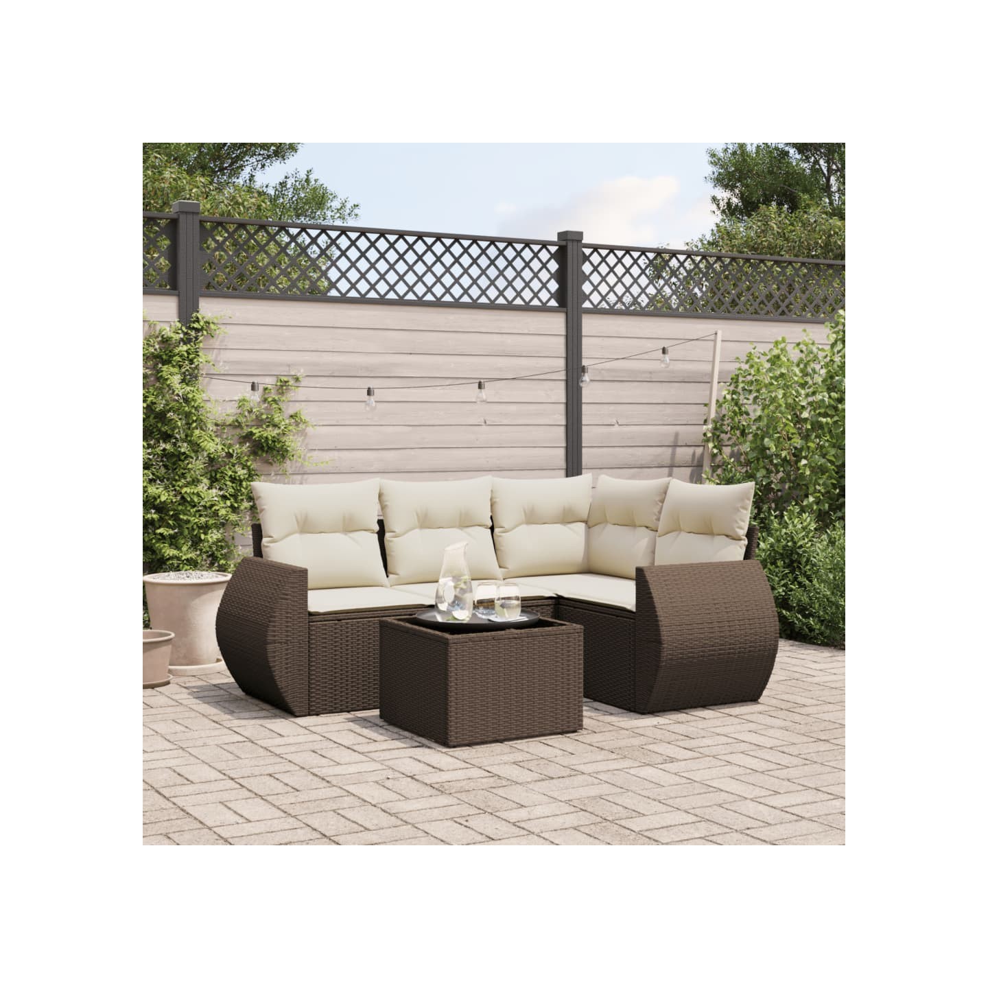 Salon de jardin avec coussins 5 pcs marron résine tressée