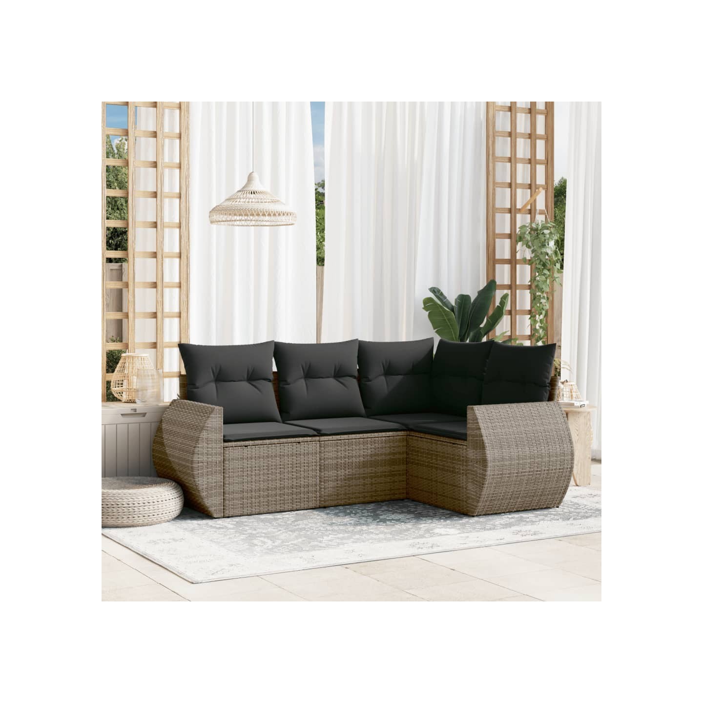 Salon de jardin 4 pcs avec coussins gris résine tressée