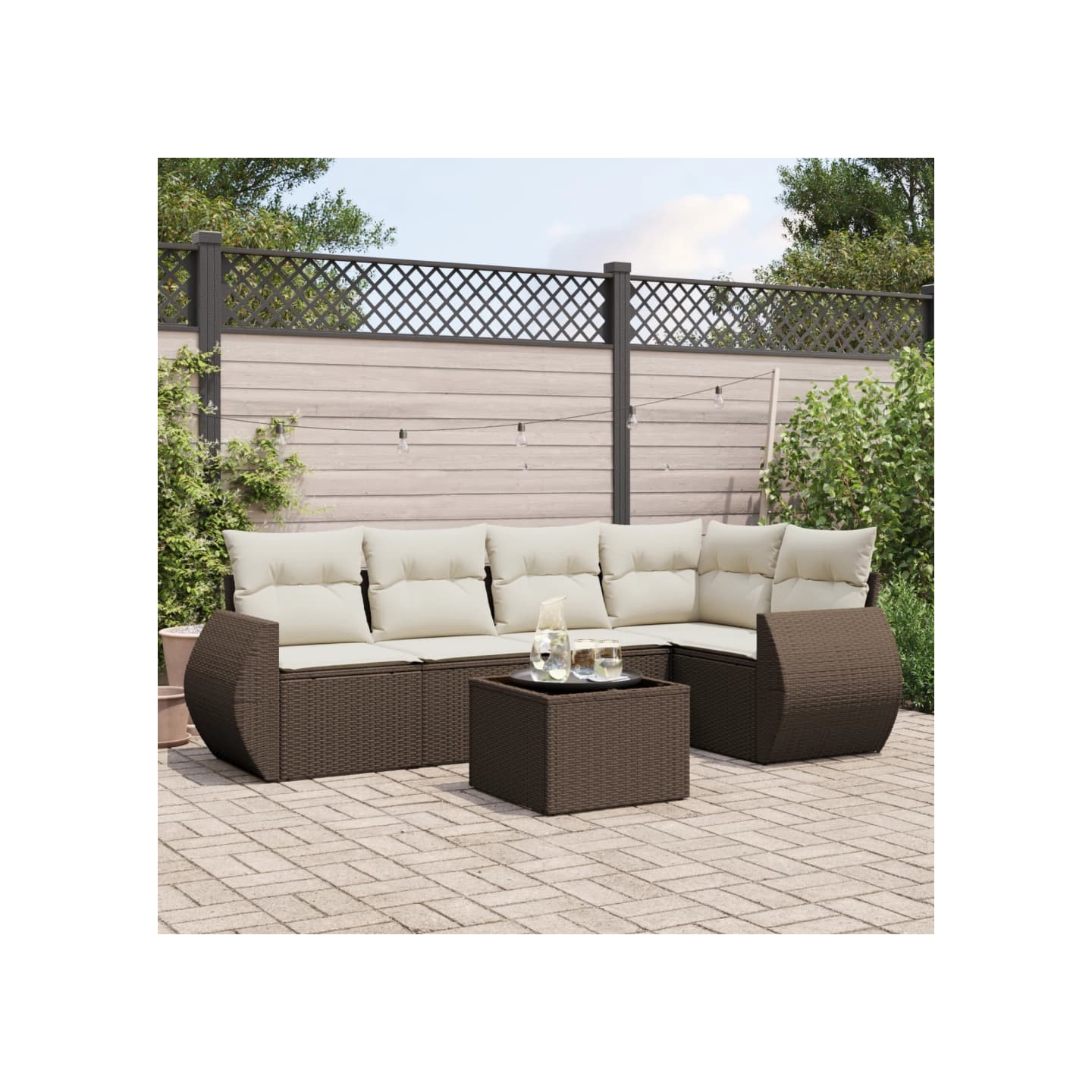 Salon de jardin avec coussins 6 pcs marron résine tressée
