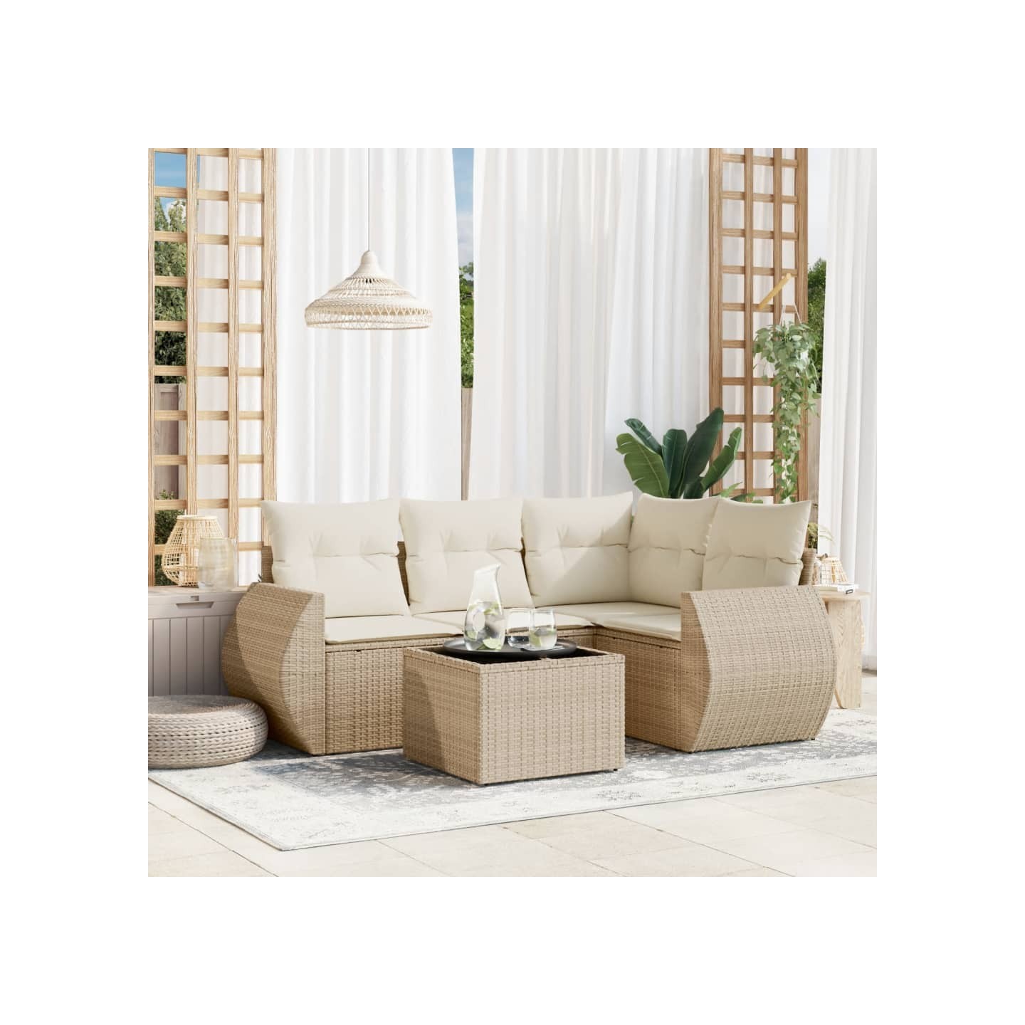 Salon de jardin avec coussins 5 pcs beige résine tressée