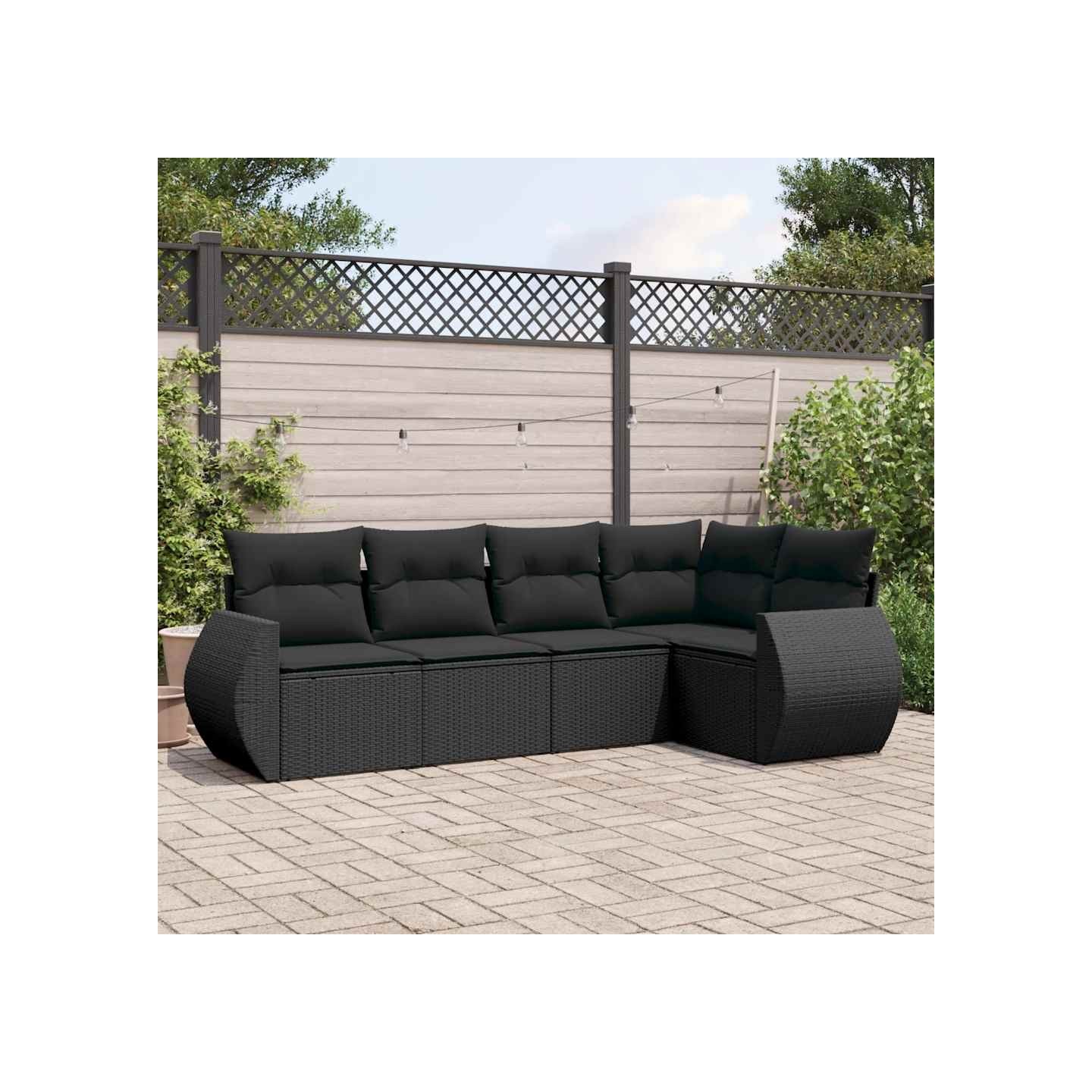 Salon de jardin 5 pcs avec coussins noir résine tressée