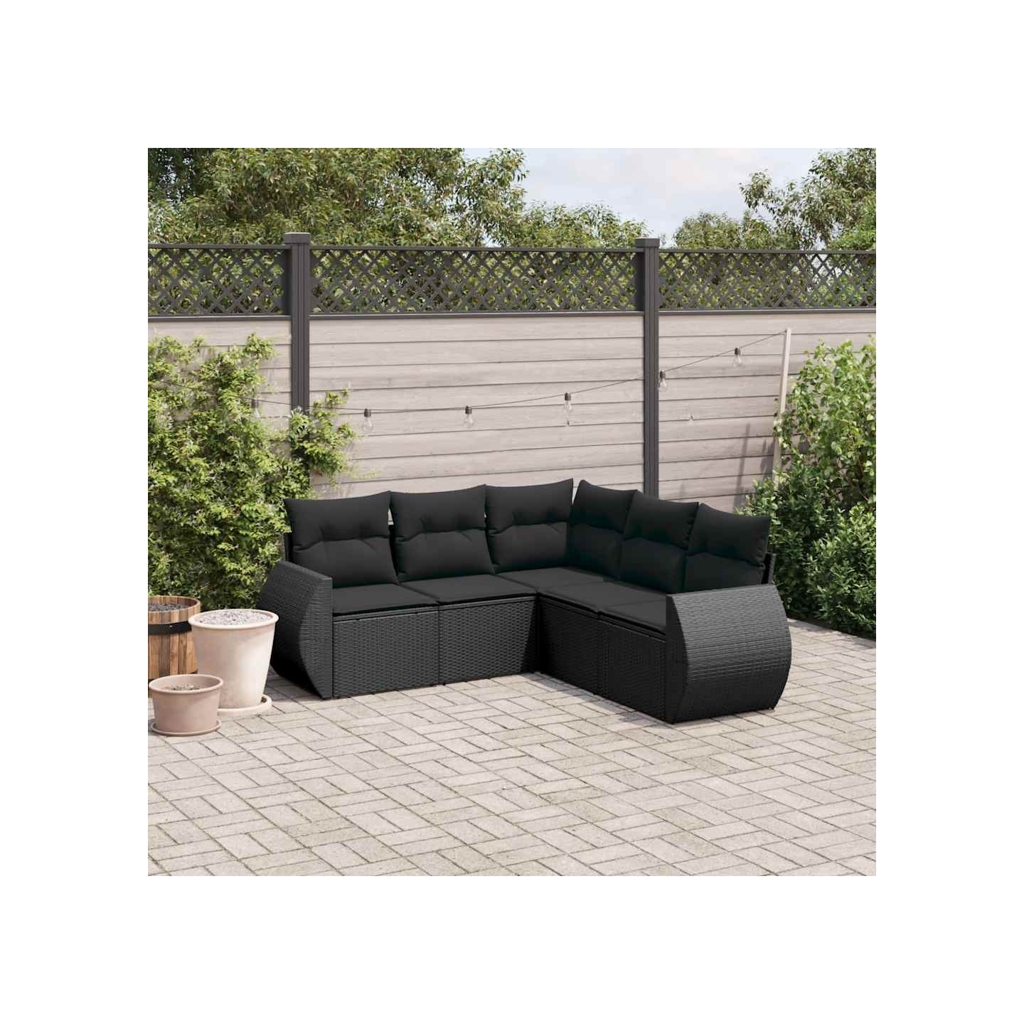 Salon de jardin 5 pcs avec coussins noir résine tressée