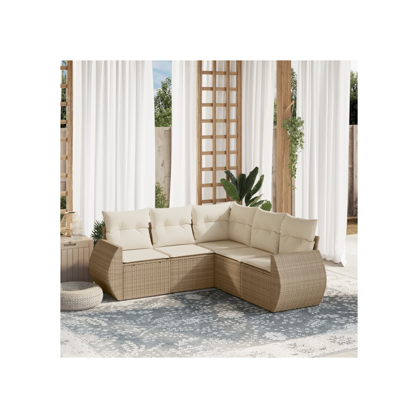Salon de jardin avec coussins 5 pcs beige résine tressée