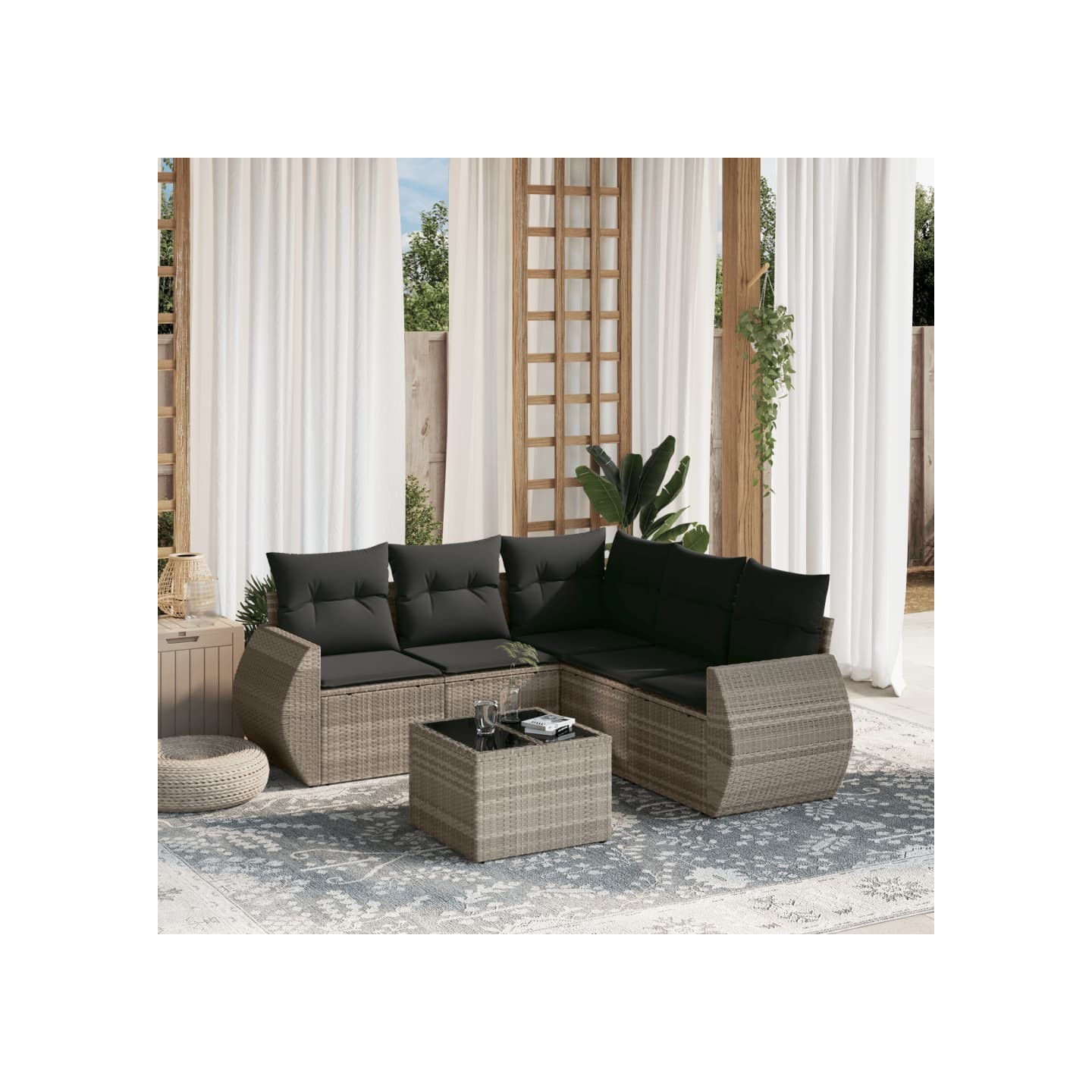 Salon de jardin 6 pcs avec coussins gris clair résine tressée