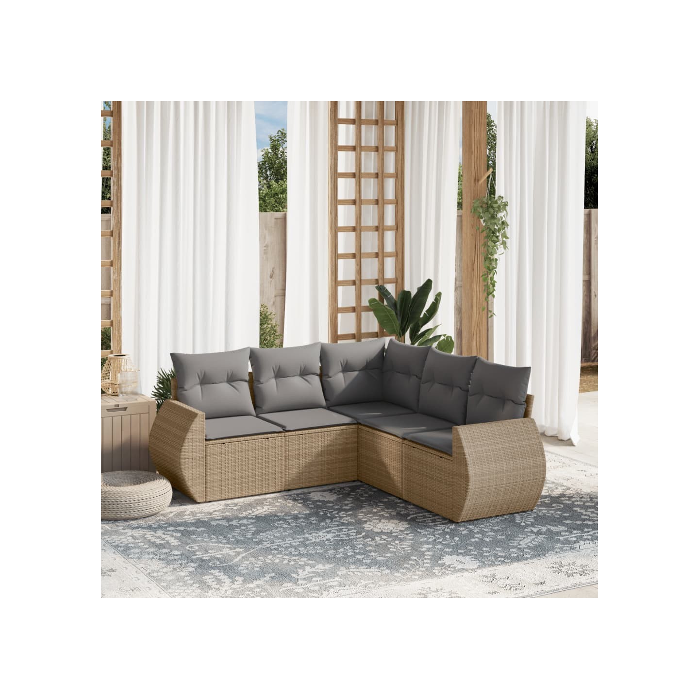 Salon de jardin avec coussins 5 pcs beige résine tressée