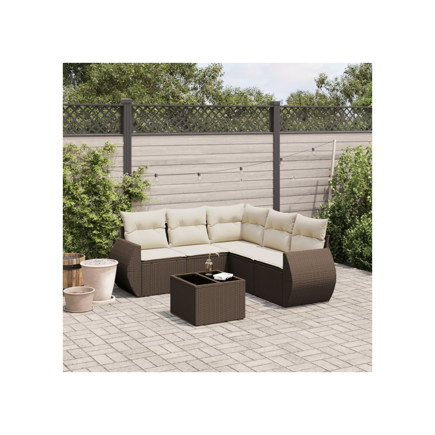 Salon de jardin avec coussins 6 pcs marron résine tressée