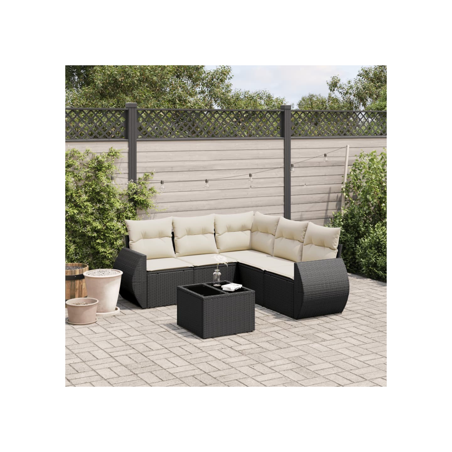 Salon de jardin 6 pcs avec coussins noir résine tressée