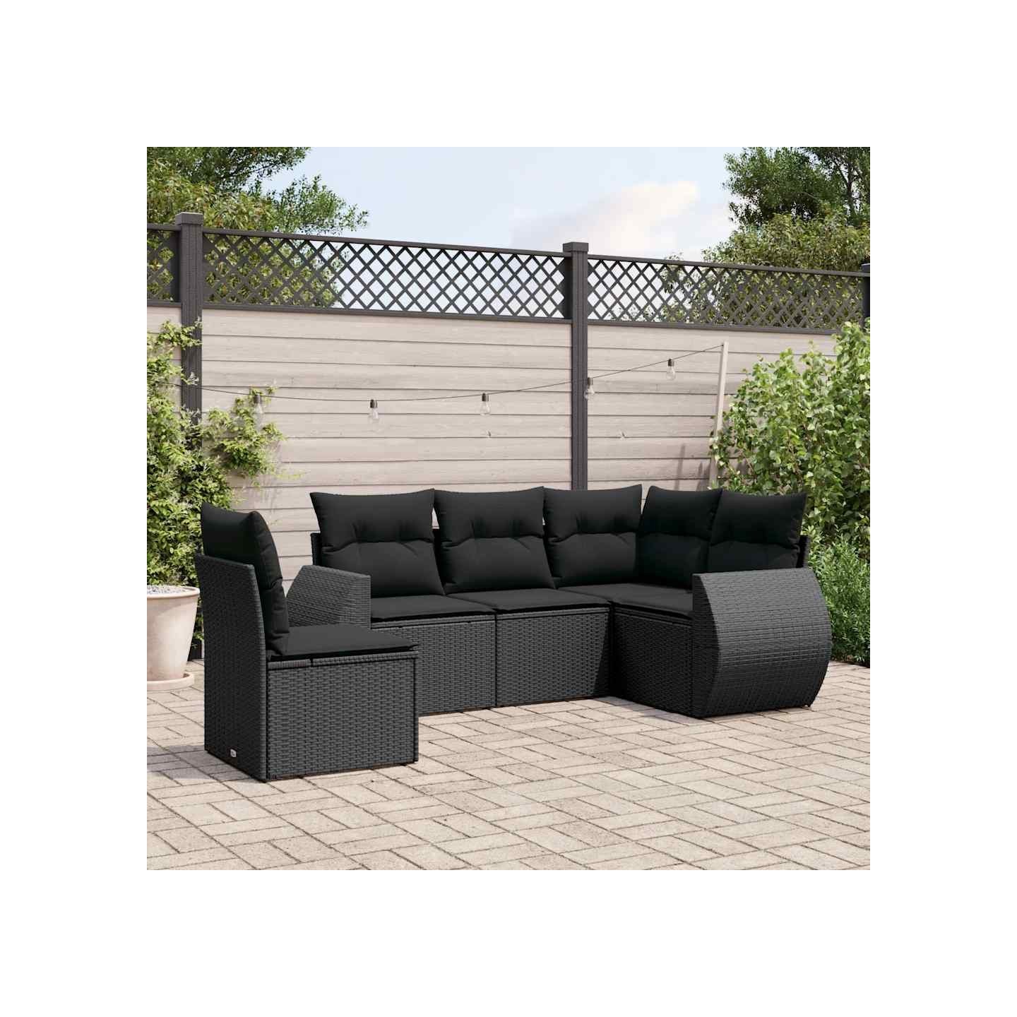 Salon de jardin 5 pcs avec coussins noir résine tressée