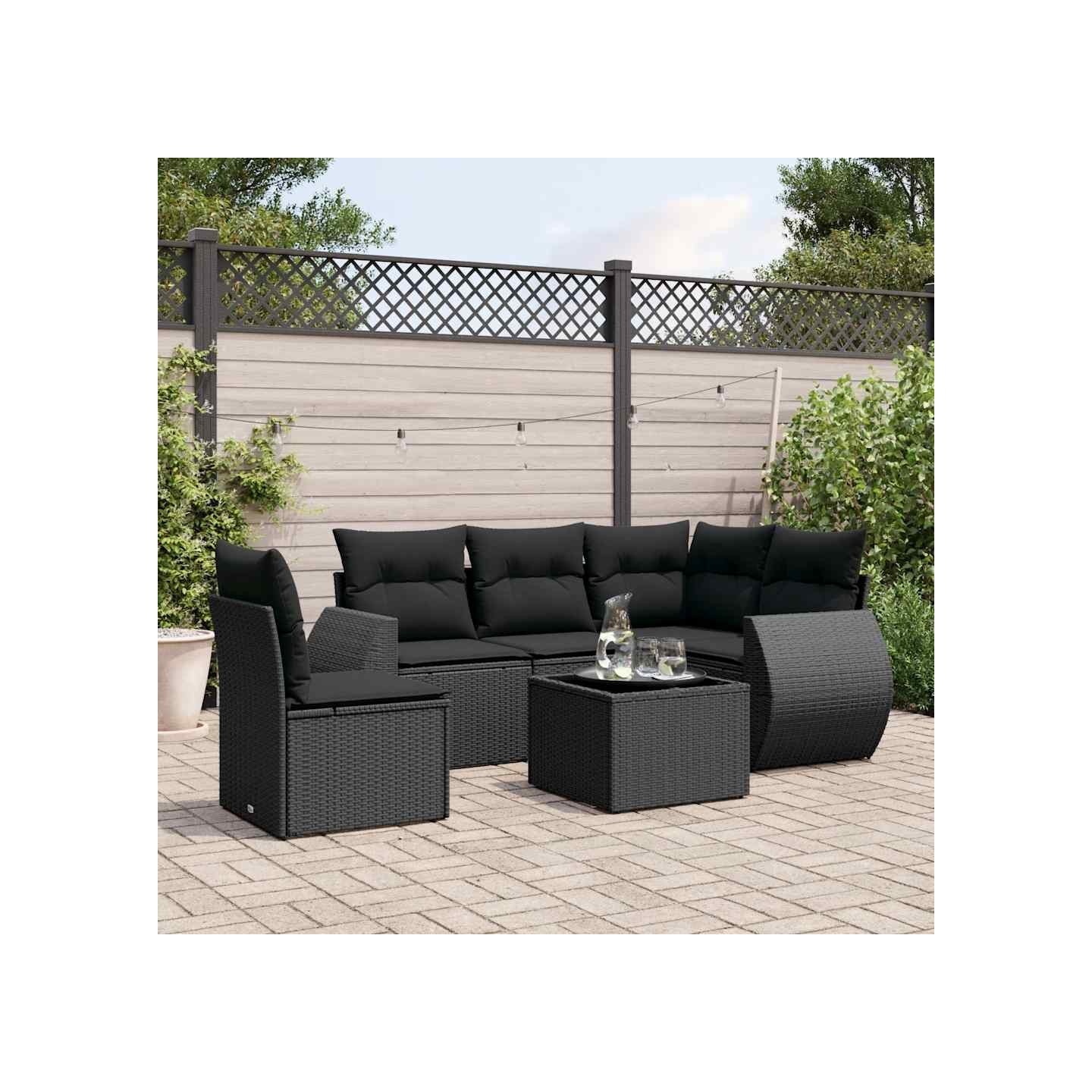 Salon de jardin 6 pcs avec coussins noir résine tressée