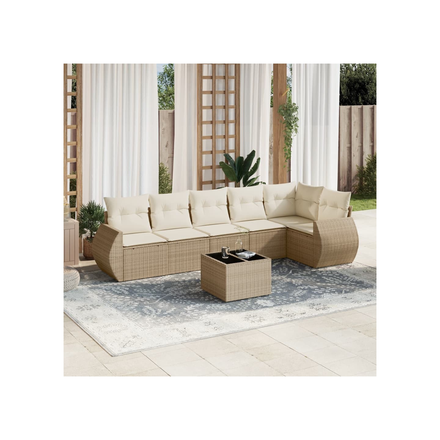 Salon de jardin avec coussins 7 pcs beige résine tressée