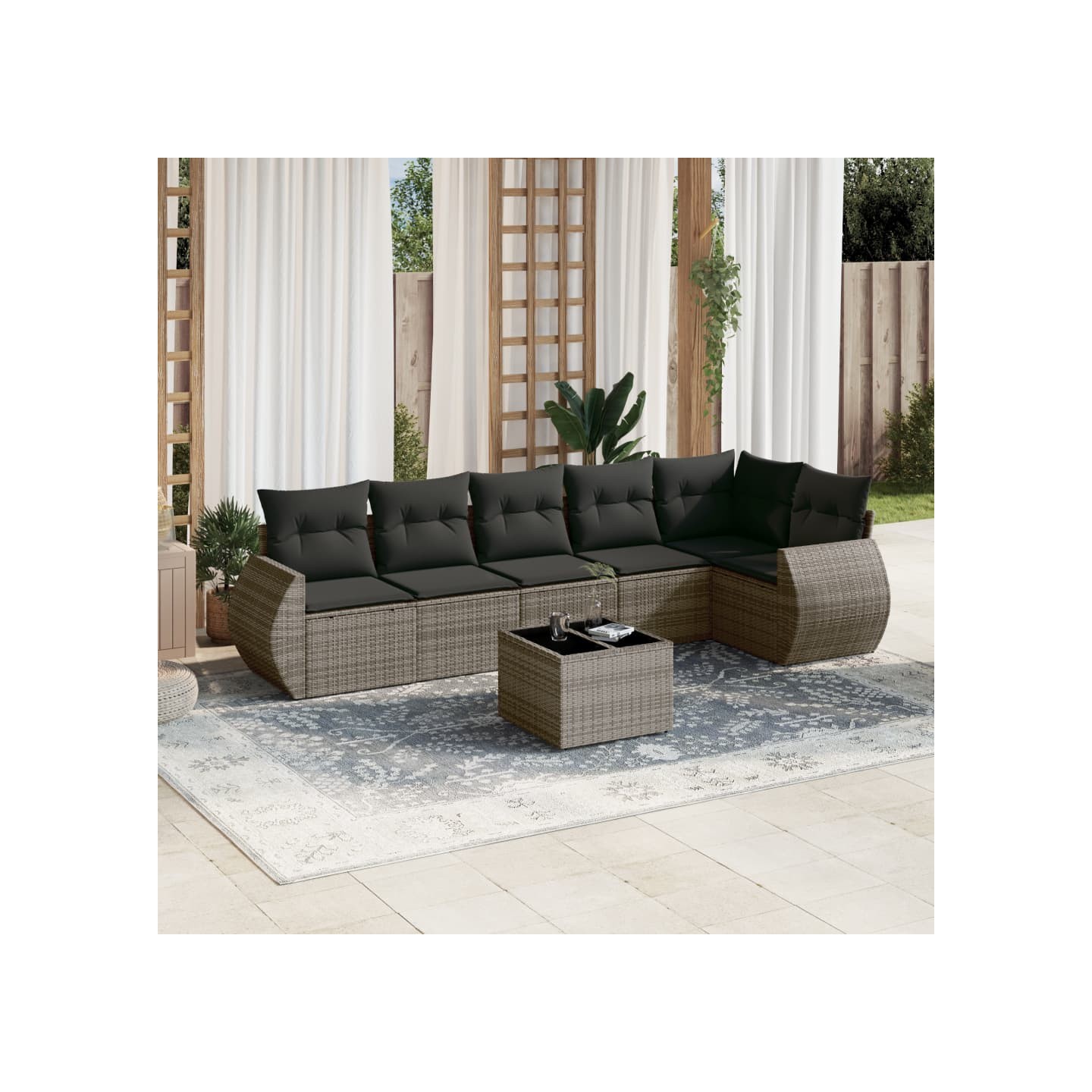 Salon de jardin avec coussins 7 pcs gris résine tressée
