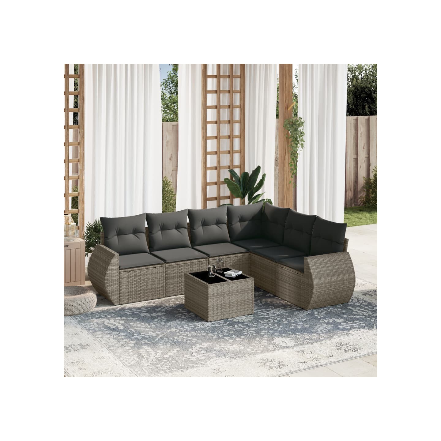 Salon de jardin avec coussins 7 pcs gris résine tressée