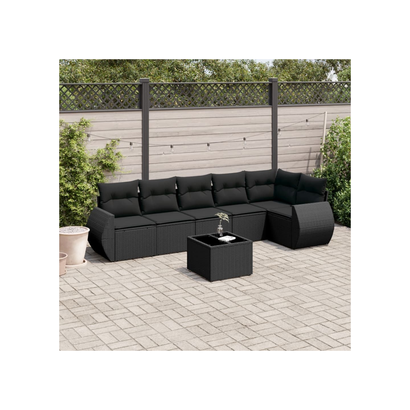 Salon de jardin 7 pcs avec coussins noir résine tressée