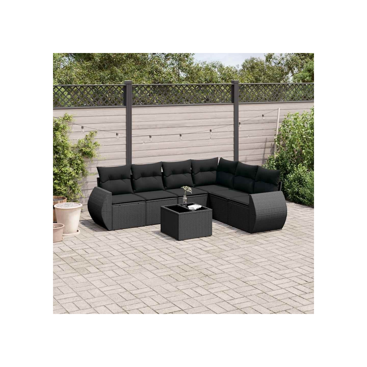 Salon de jardin 7 pcs avec coussins noir résine tressée