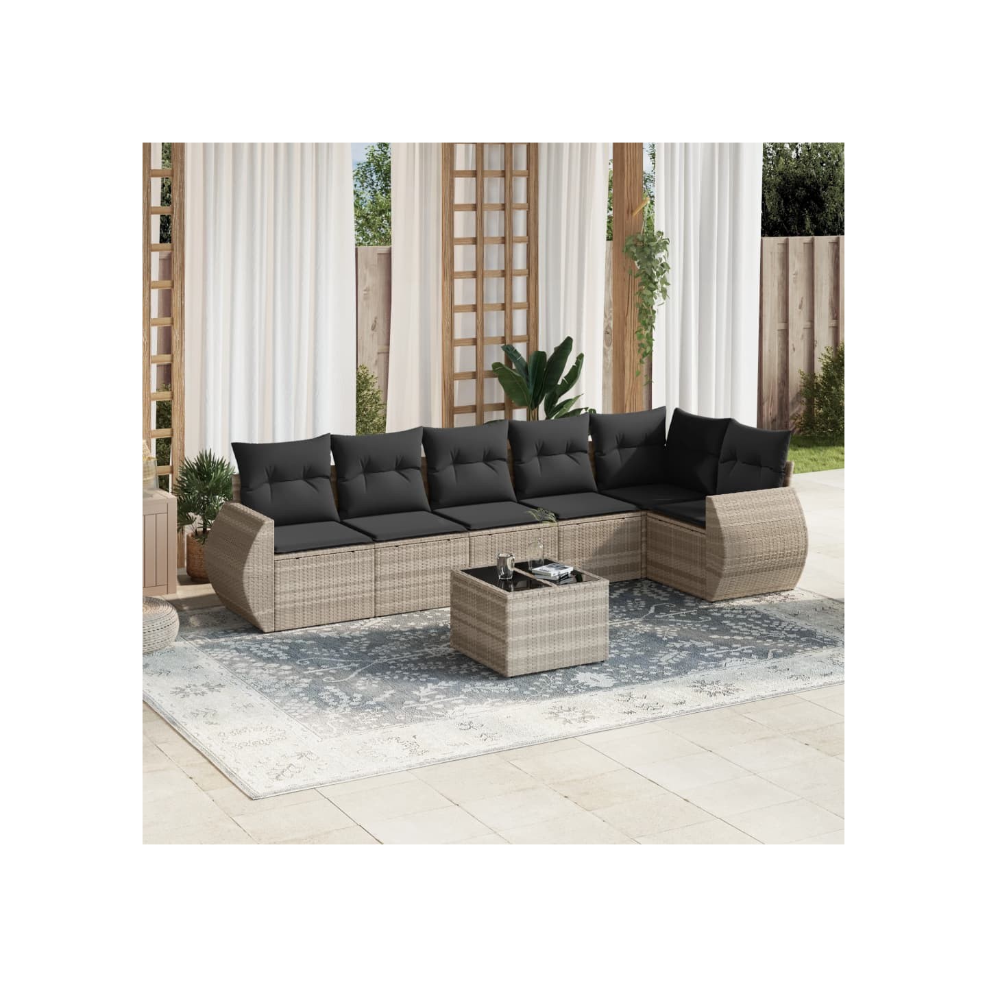Salon de jardin avec coussins 7 pcs gris clair résine tressée