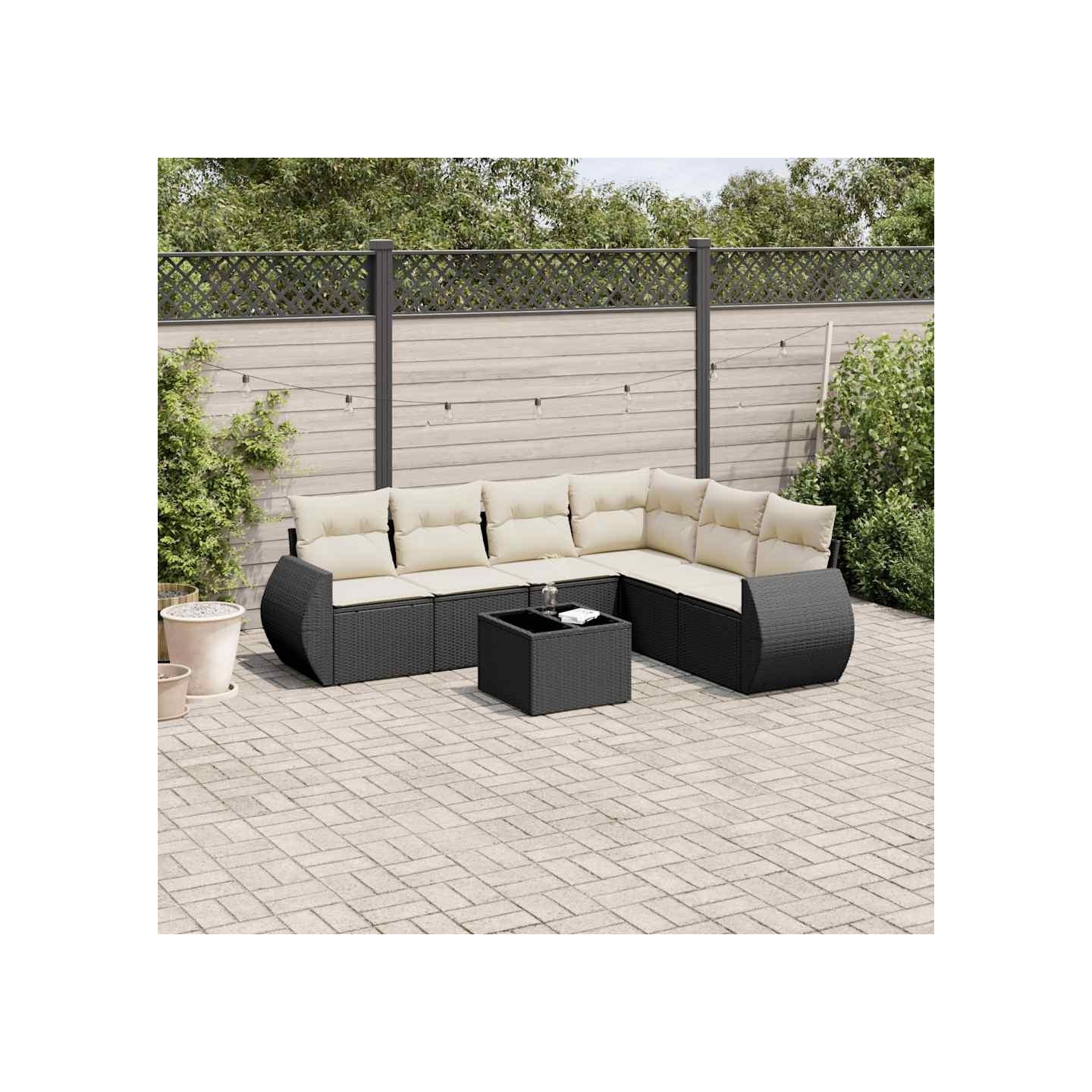 Salon de jardin 7 pcs avec coussins noir résine tressée