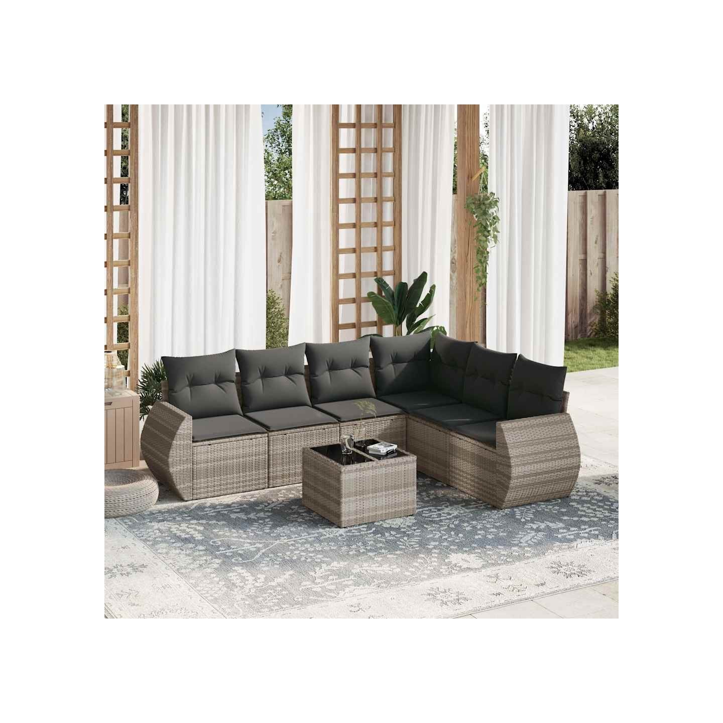 Salon de jardin avec coussins 7 pcs gris clair résine tressée