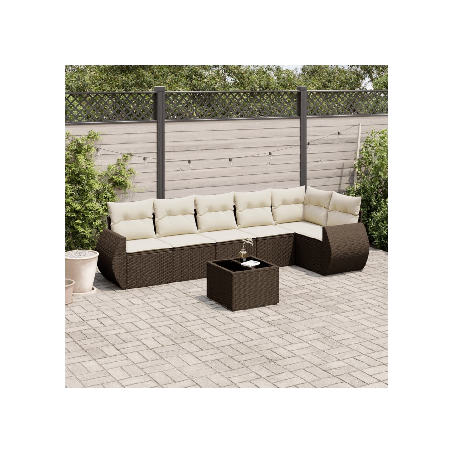 Salon de jardin avec coussins 7 pcs marron résine tressée