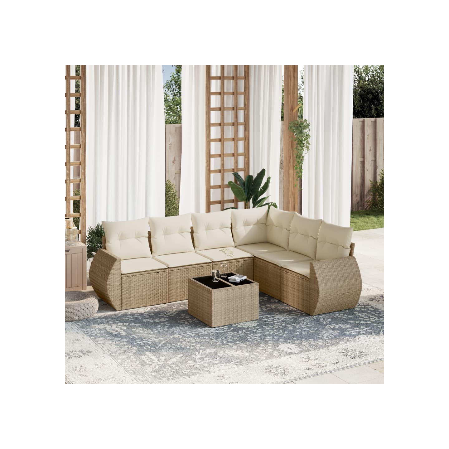 Salon de jardin avec coussins 7 pcs beige résine tressée