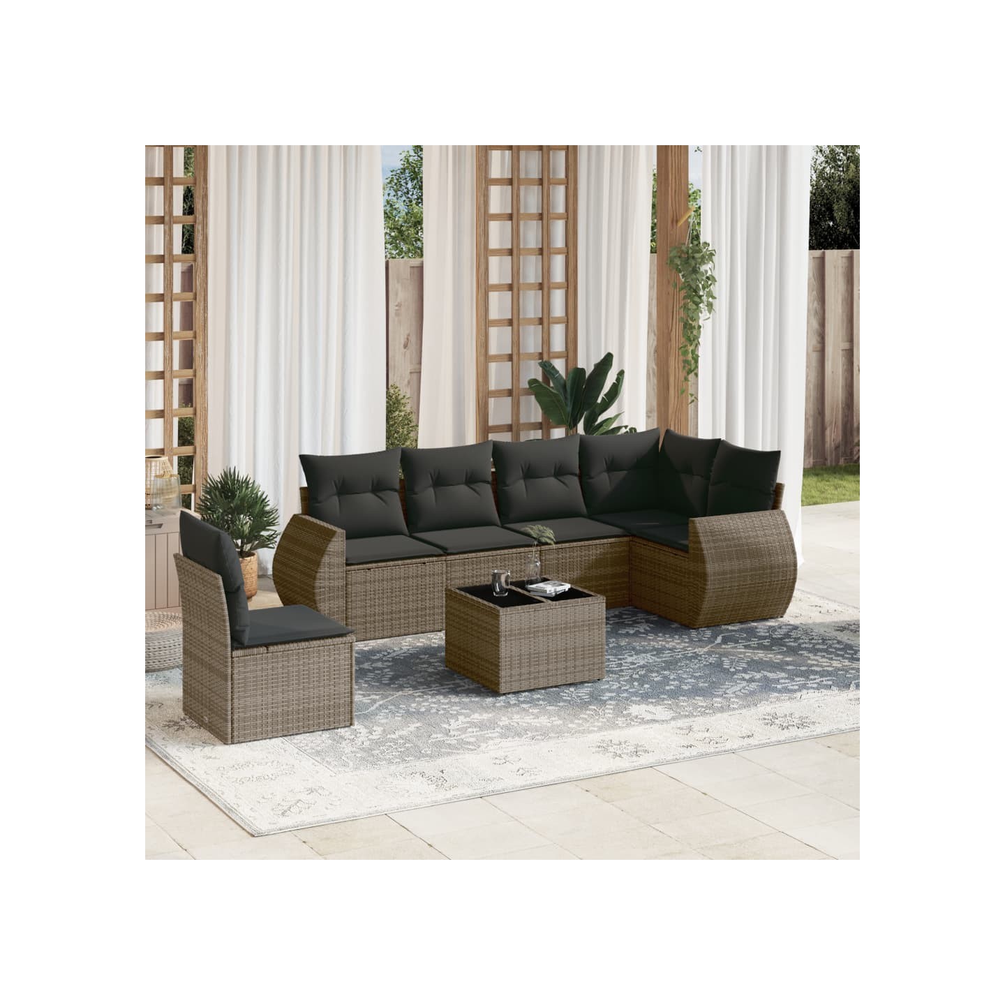 Salon de jardin avec coussins 7 pcs gris résine tressée
